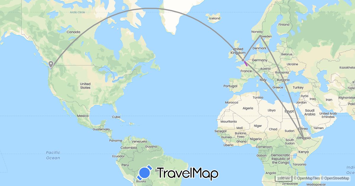 TravelMap itinerary: driving, plane, train in Ethiopia, France, United Kingdom, Norway, United States (Africa, Europe, North America)